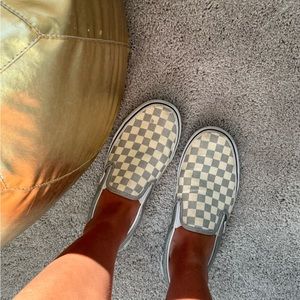Silver and cream checkered slip on vans
